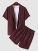 Ensemble de Blazer Décontracté à Manches Courtes avec Bouton Unique et de Short à Cordon M Rouge sang