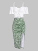 Ensemble de Blouse Asymétrique Epaule Dénudée à Manches Bouffantes et de Jupe Asymétrique Fleurie Taille unique Blanc
