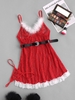 Ensemble de Body Ceinturé à Empiècement en Dentelle Plume de Noël Xl Rouge
