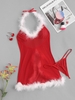 Ensemble de Body en Maille à Ourlet avec Plume à Col Halter S Rouge