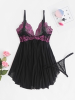 Ensemble de Body Lingerie Panneau en Dentelle en Maille Transparente avec T-String S