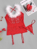 Ensemble de Camisole Plume en Dentelle avec Jarretelle S Rouge