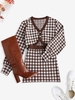 Ensemble de Cardigan à Carreaux Tricoté à Manches Evasées et de Jupe M Café