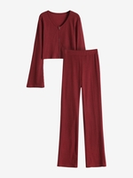 Ensemble de Cardigan Côtelé Zippé à Manches de Cloche et de Pantalon Droit S Rouge foncé
