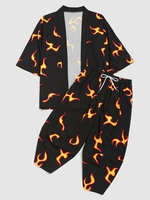 Ensemble de Cardigan Kimono à Imprimé Flamme et de Pantalon Court 3xl Noir