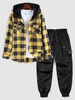Ensemble de Chemise à Capuche à Carreaux Imprimé et de Pantalon de Jogging Cargo Taille unique Jaune