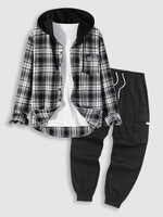 Ensemble de Chemise à Capuche Plissée à Carreaux en Flanelle et Pantalon Cargon Technique Deux Pièces Taille unique Noir