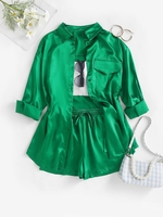 Ensemble de Chemise à Goutte Epaule avec Poche en Satin et de Short à Cordon M Vert