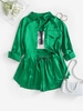 Ensemble de Chemise à Goutte Epaule avec Poche en Satin et de Short à Cordon S Vert