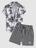 Ensemble de Chemise à Imprimé Arbre Noix de Coco à Manches Courtes et de Short Rayé Bicolore Taille unique Noir