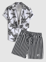 Ensemble de Chemise à Imprimé Arbre Noix de Coco à Manches Courtes et de Short Rayé Bicolore Taille unique Noir
