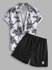 Ensemble de Chemise à Imprimé Cocotier à Manches Courtes et de Short à Cordon Taille unique Noir