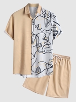 Ensemble de Chemise à Imprimé Graphique Visage en Blocs de Couleurs à Manches Courtes avec Short de Vacances Taille unique Café lumière