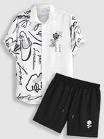 Ensemble de Chemise à Imprimé Rose Graffitis à Cordon et de Short Décontracté Deux Pièces Taille unique Blanc