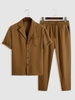 Ensemble de Chemise à Manches Courtes et de Pantalon à Cordon Taille unique Café profond