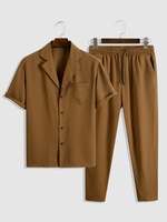 Ensemble de Chemise à Manches Courtes et de Pantalon à Cordon Taille unique Café profond