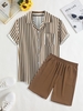 Ensemble de Chemise à Rayure Verticale à Manches Courtes à Col Revers et de Short Bermudas Taille unique Café