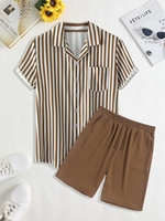 Ensemble de Chemise à Rayure Verticale à Manches Courtes à Col Revers et de Short Bermudas Taille unique Café