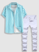 Ensemble de Chemise à Rayure Verticale et Jean Deux Pièces Taille unique Bleu
