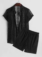 Ensemble de Chemise Ajourée Motif Géométrique et de Short Deux Pièces M Noir