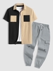 Ensemble de Chemise Bicolore en Blocs de Couleurs à Manches Courtes et de Pantalon Cargo Taille unique Gris