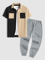 Ensemble de Chemise Bicolore en Blocs de Couleurs à Manches Courtes et de Pantalon Cargo Taille unique Gris