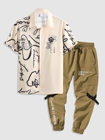 Ensemble de Chemise Bicolore Lettre Rose et de Pantalon de Jogging Cargo Taille unique Café lumière