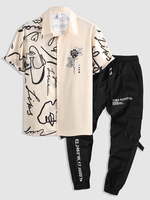 Ensemble de Chemise Bicolore Lettre Rose et de Pantalon de Jogging Cargo Taille unique Jaune clair