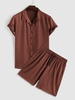 Ensemble de Chemise Bouton en Avant en Couleur Unie en Satin et de Short L Rouge sang
