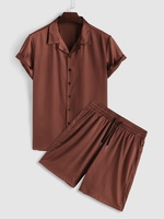 Ensemble de Chemise Bouton en Avant en Couleur Unie en Satin et de Short Xl Rouge sang