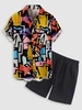 Ensemble de Chemise Boutonnée à Imprimé Géométrique Coloré et de Short de Base Décontracté Taille unique Multi a