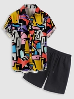 Ensemble de Chemise Boutonnée à Imprimé Géométrique Coloré et de Short de Base Décontracté Taille unique Multi a