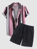 Ensemble de Chemise Boutonnée à Rayure Verticale à Manches Courtes et de Short Décontracté de Base Taille unique Rose clair