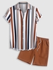 Ensemble de Chemise Boutonnée à Rayure Verticale et de Short Décontracté de Base Taille unique Café