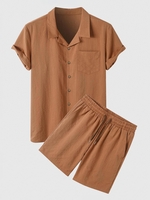 Ensemble de Chemise Boutonnée avec Poches à Col Cranté et de Short à Cordon Xl Café profond