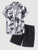 Ensemble de Chemise Boutonnée Fleurie à Manches Courtes avec Short Décontracté de Base Taille unique Noir