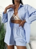 Ensemble de Chemise Boutonnée Rayée avec Poches en Avant et de Short L Bleu