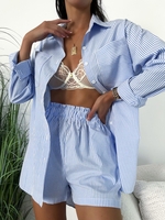 Ensemble de Chemise Boutonnée Rayée avec Poches en Avant et de Short S Bleu