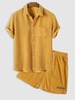 Ensemble de Chemise Brodée à Manches Courtes en Velours Côtelé et Short à Cordon Deux Pièces Taille unique Jaune