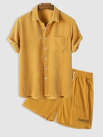 Ensemble de Chemise Brodée à Manches Courtes en Velours Côtelé et Short à Cordon Deux Pièces Taille unique Jaune