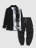 Ensemble de Chemise Cargo à Carreaux Bicolore avec Pantalon Poche à Rabat à Manches Longues de Style Techwear Taille unique Noir