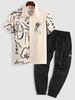 Ensemble de Chemise Cargo Décontractée à Imprimé Rose Graffitis en Couleur Unie et de Pantalon Cargo Taille unique Café lumière