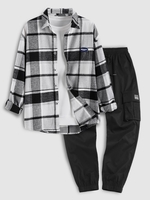 Ensemble de Chemise Cargo Motif à Carreaux à Pieds de Poutre et de Pantalon Cargo Taille unique Gris foncé