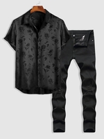 Ensemble de Chemise Confortable à Manches Courtes en Jacquard et Jean Déchiré Taille unique Noir