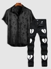 Ensemble de Chemise Courte Brisé en Jacquard Zippé et Jean Motif de Cœur Taille unique Noir