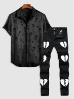 Ensemble de Chemise Courte Brisé en Jacquard Zippé et Jean Motif de Cœur Taille unique Noir