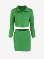 Ensemble de Chemise Courte Texturée Plissée avec Mini Jupe Moulante M Vert