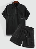 Ensemble de Chemise Cousue à Demi-Zip avec Short Cargo Deux Pièces Taille unique Noir