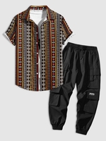 Ensemble de Chemise Décontractée à Imprimé Géométrique et de Pantalon de Jogging avec Multi-Poches à Rabat Taille unique Noir