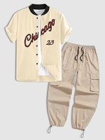 Ensemble de Chemise de Base-ball à Imprimé Lettre Chicago avec Pantalon de Jogging Café lumière
